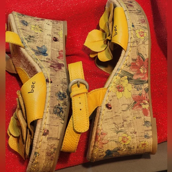 Boc Born 7 Concept Leather Yellow Slingback Floral Cork Wedge Flower Sandal - Picture 2 of 11